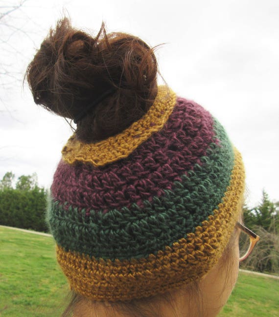 Hand crocheted purple green gold brown beanie hat Mardi Gras Crochet Beanie: Purple, Gold, Green Striped Hat  main image 3