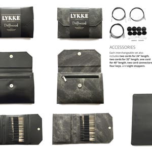 May include: A set of wooden knitting needles in a black leather case. The case has the words "LYKKE Driftwood" on it. The needles are in a variety of sizes and are packaged in a black leather case. The case is closed and the needles are not visible. The case is on a white background.