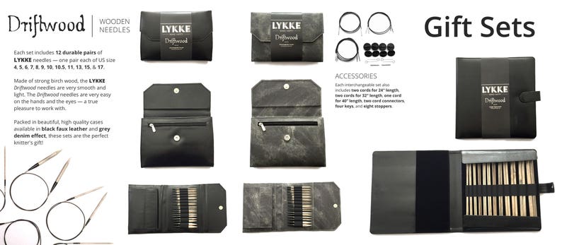 May include: A set of wooden knitting needles in a black leather case. The case has the words "LYKKE Driftwood" on it. The needles are in a variety of sizes and are packaged in a black leather case. The case is closed and the needles are not visible. The case is on a white background.