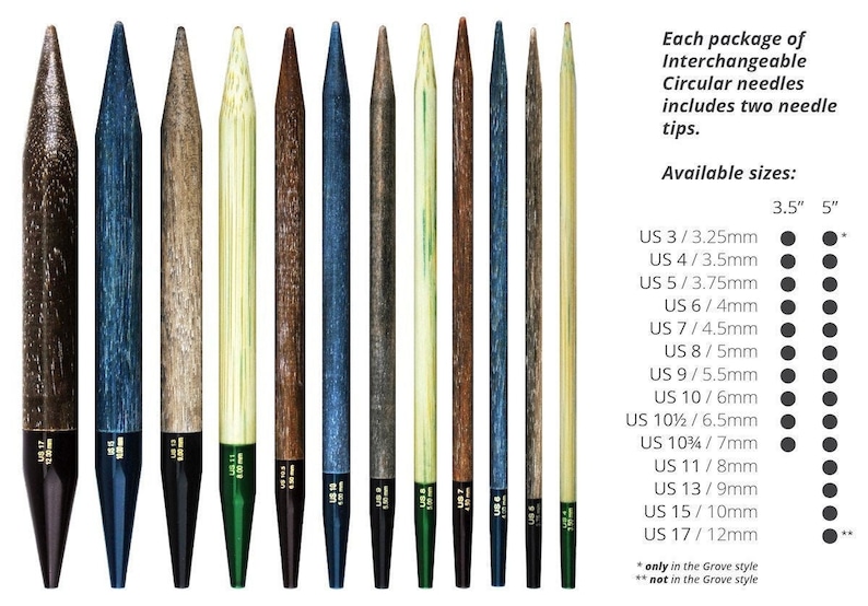 May include: A set of interchangeable circular knitting needles in various sizes and colors. The needles are made of wood and have a smooth finish. The sizes are listed in US sizes and millimeters. The needles are available in 3.5 inch and 5 inch lengths.