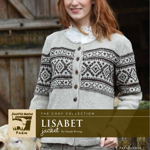 May include: A woman wearing a gray knitted cardigan with a brown and white geometric pattern. The cardigan has a button closure and is part of the "The Cosy Collection" by Juniper Moon Farm. The text "Lisabet jacket" is visible on the image.