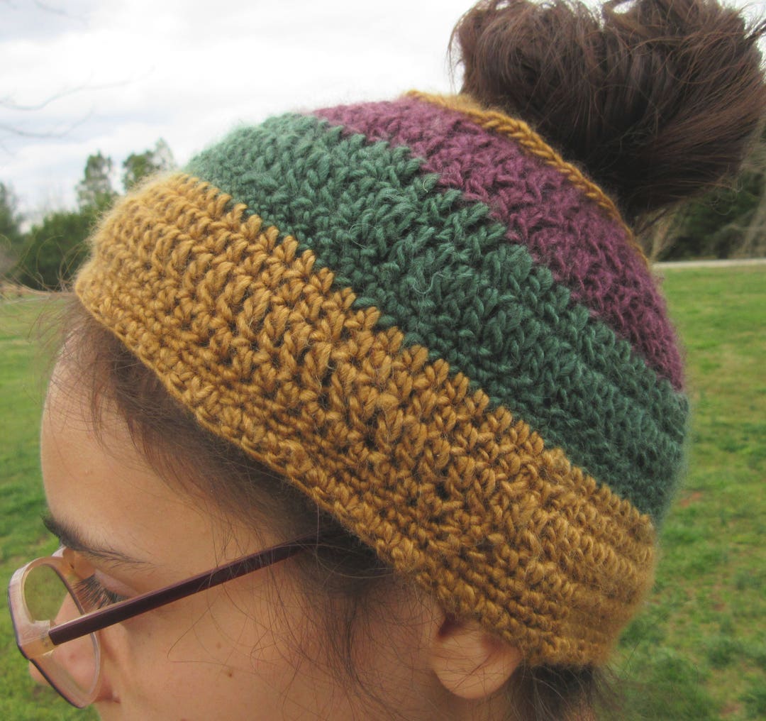 Hand crocheted purple green gold brown beanie hat Mardi Gras Crochet Beanie: Purple, Gold, Green Striped Hat  main image 2
