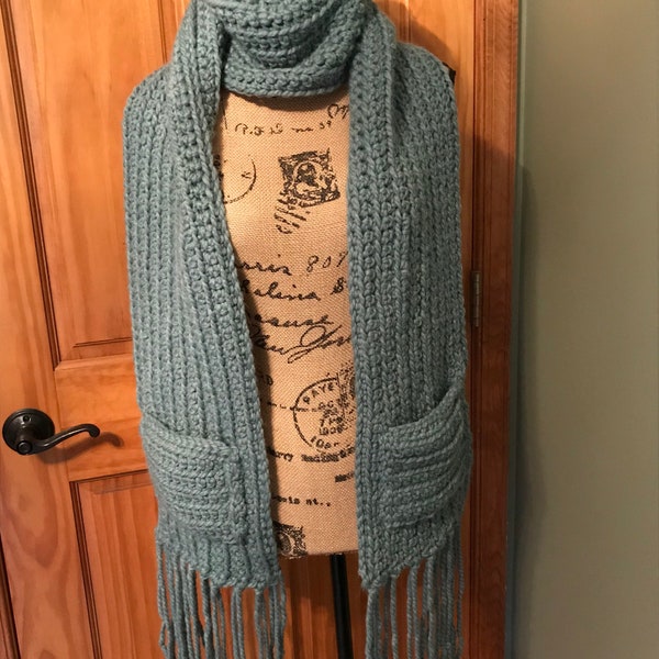 SHIPS TODAY!! Crochet Sage Green Warm Winter Pocket Scarf, Wool Blend Boho Fringe Statement Scarf, Soft Green Neutral Scarf