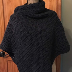 Classic Crocheted Poncho, Navy Blue Chunky Poncho, Wool Blend Textured ...