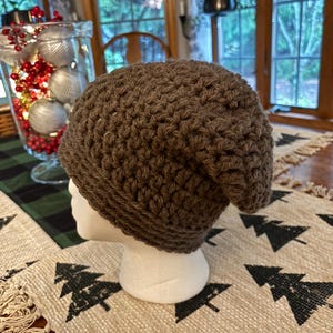 Slouchy Wool Blend Thick and Chunky Warm Winter Ski Hat, Soft Brown Crochet Beanie