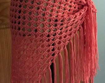 SHIPS TODAY!!Peach Fringed Wrap, Boho Style Coverup, Vintage Look Beach Sarong, Net Style Peach Shawl, Open Weave Shawl