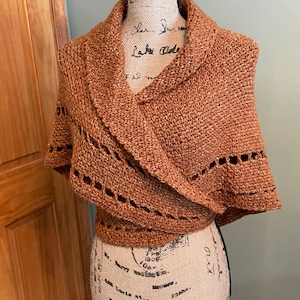Claire Inspired Highlands Sontag Shawl, Outlander Katniss Style Wrap, I Cord Back Tie Shawl,Rusty Brown Burnished Brass Crocheted Wrap