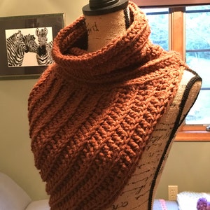 Huntress Archer Shrug Crocheted Cowl, Katniss Everdeen Inspired One Shoulder Wool Blend Rust Vest, Cross Body Spice Cowl Scarf, Outlander