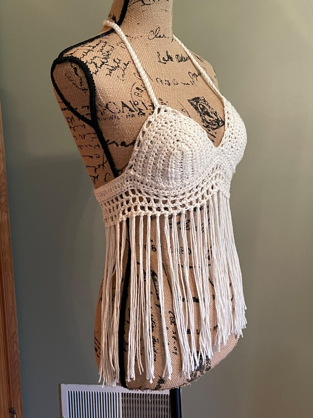 Ivory Cream Crochet Halter Top, Boho Fringe Festival Top, Concert Bralette, off White Soft ...