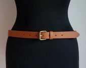 Light brown narrow belt, minimalist golden brass square buckle, skinny belt, medium size, vintage fashion accessories