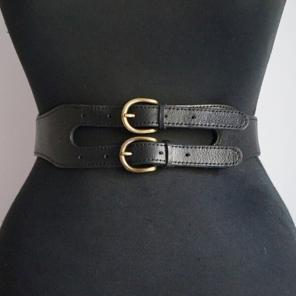 Benetton black waist wide belt, elastic strap and leather double bronze buckle cincher, extra small size, vintage fashion accessories