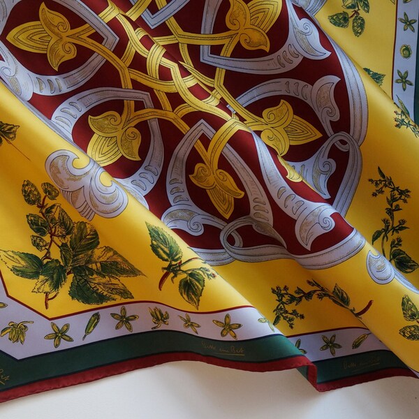 Botanical silk square scarf, green branches and seeds, yellow background burgundy & silver medallion and border, vintage fashion accessories