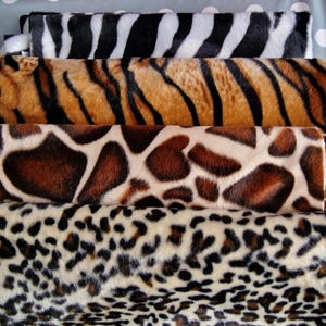 Animal Print Fabric Bundle – 4 Pieces Velboa Polyester – Leopard, Giraffe, Tiger, Zebra – 58" x 21" Each – Soft Faux Fur Fabric