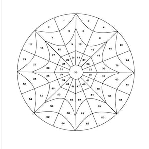 May include: A black and white illustration of a circle divided into 65 sections, each numbered sequentially. The numbers are arranged in a spiral pattern, starting from the center and moving outwards.