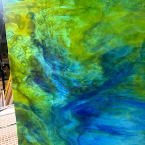 Stained Glass Sheet, 12" x 12" Turquoise, Lime Green and Cobalt Blue Stipple  (Youghiogheny 6456 SP)