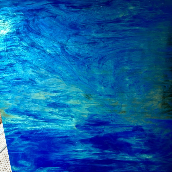 Stained Glass Sheet, 8” x 6”  - Blue with Slight Green and Clear (Kokomo 470)