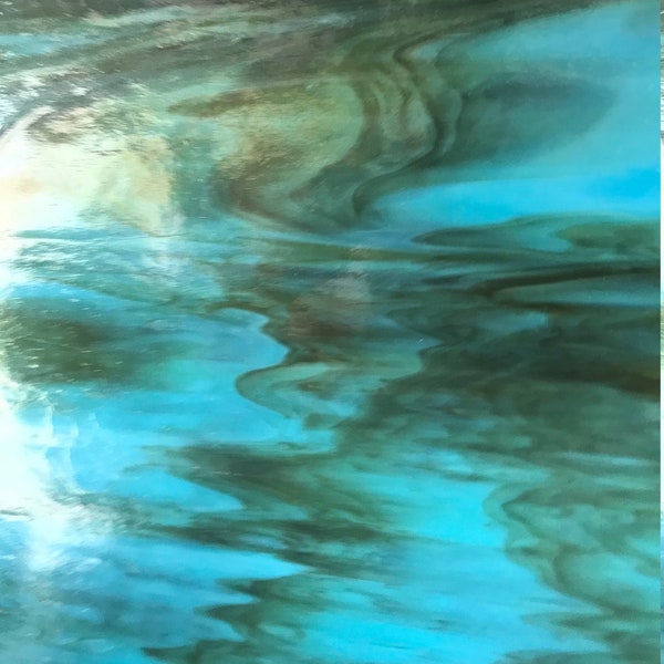 Stained Glass Sheet, 8" x 6"  - Aqua Blue and Dark Amber (Kokomo 126)