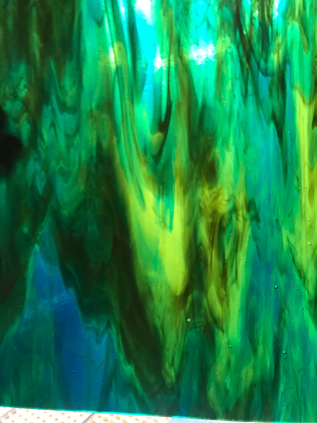 Stained Glass Sheet, 12 X 12 Olive Green, Blue and Lime Green Kokomo