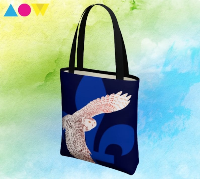Simple tote bag with my original design of the floral and avian emblems of Quebec.