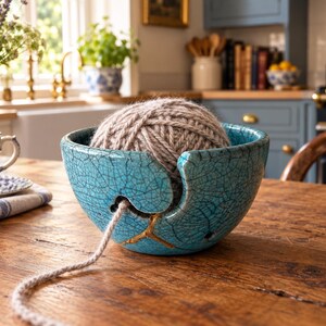 Peut inclure: Un bol à laine en céramique turquoise avec une finition craquelée foncée et des lignes de réparation dorées. Le bol présente une découpe en forme de J pour faire passer le fil et contient une grosse pelote de laine gris clair.