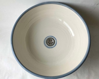 White-cream washbasin with blue painted deco Ø 45 cm H 15 cm