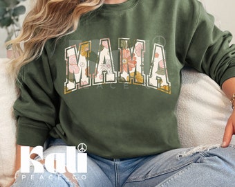 Flower Mama, Felpa per la mamma, regalo per la festa della mamma, regalo per la prima festa della mamma, camicia per la vita della mamma, regalo per la nuova mamma, lettere universitarie, maglione per la mamma alla moda