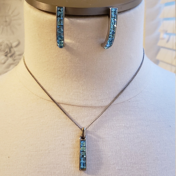 Vintage~Modern Swarovski Crystal Pendant Necklace with Earrings. Simple, Streamlined Design in Blue-Aquamarine Crystal on Silvertone.