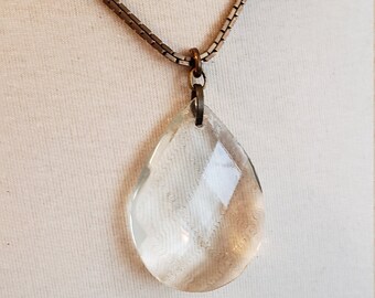 Vintage Brass Tri-Chain Necklace with Large Teardrop Prism. Crystal Pendant for the non-Traditional. Boho Statement Jewelry, Handmade.