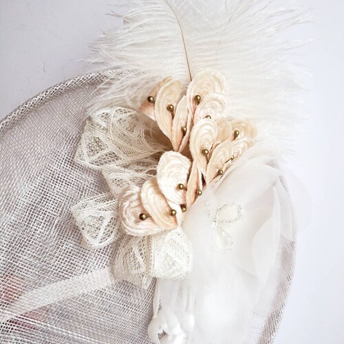 Couture, Bridal Siminay Saucer Hat. Spring Wedding Fascinator. Vintage Silk shops Flowers and Velvet Ribbon. Miliner's Design.