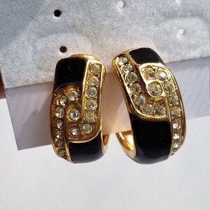 Black Enamel with Rhinestones on Gold, Vintage Clip-ons.