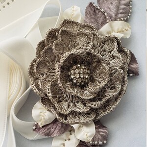 Bridal Sash-Belt with Metallic Thread hand-made Crocheted Flower and lovelyVelvet Leaves .  Velvet Ribbon Ties.