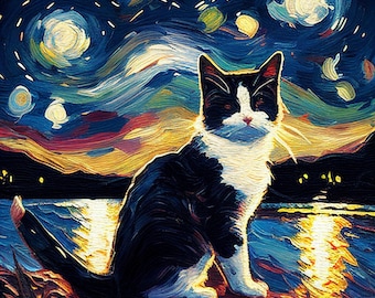 Tuxedo Cat on Beach Starry Night Art Van Gogh Style Oil Painting DIGITAL DOWNLOAD