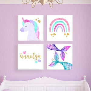 Girl's Mermaid Unicorn Hearts Prints, Set of 4, Girl's Mermaid Prints, Mermaid Nursery Decor, Unicorn Printables, Mermaid Unicorn Wall Art