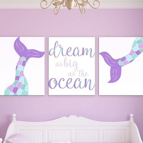 Girl's Mermaid Wall Art, Girl's Mermaid Prints, Custom Mermaid Nursery Decor, Mermaid Printables, Mermaid Canvas Set