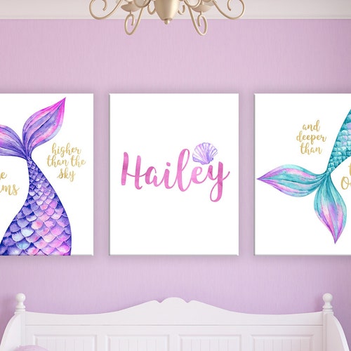 Girl's Mermaid Wall Art Girl's Mermaid Prints Custom Etsy