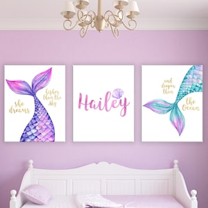 Girl&#39;s Mermaid Wall Art, Girl&#39;s Mermaid Prints, Custom Mermaid Nursery Decor, Mermaid Printables, Printable Mermaid Art, Mermaid Canvas Set