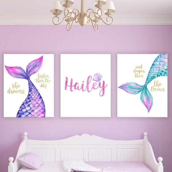 Girl's Mermaid Wall Art, Girl's Mermaid Prints, Custom Mermaid Nursery Decor, Mermaid Printables, Printable Mermaid Art, Mermaid Canvas Set
