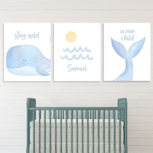 Whale Nursery Prints, Nautical Wall Decor, Whale Nursery Decor, Personalized Whale Nursery Art, Ocean Baby Wall Art, Waves Prints