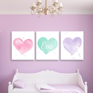 Watercolor Hearts Wall Art, Watercolor Hearts Nursery Decor, Hearts Nursery Prints, Girl&#39;s Personalized Hearts Prints