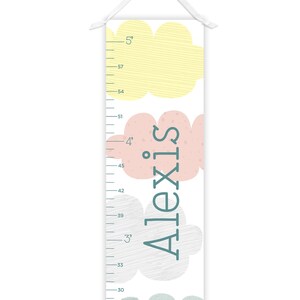 May include: A personalized height chart with a white background, featuring pastel cloud designs in yellow, pink, and blue-green. The chart measures up to 5 feet and includes the name "Alexis" in teal lettering.