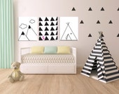Black and White Tribal Wall Art, set of 3- Nursery Prints - Nursery Decor- Kids Room Art, Modern Nursery Art - Teepee, Mountains, Triangles