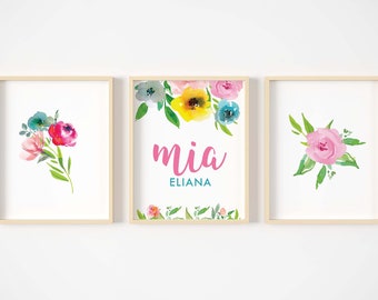 Girl's Colorful Floral Prints, Floral Nursery Art, Floral Nursery Printables, Personalized Flower Canvases, Personalized Floral Nursery Art