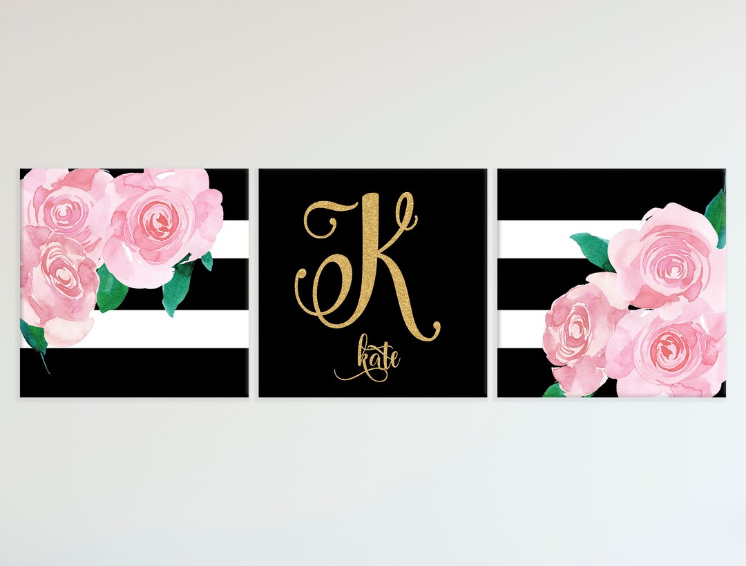 Pink Rose Personalized Wall Art, Gold and Black Floral Prints, Girl's ...