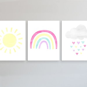 Rainbow PRINTABLE Wall Art, Girl's Nursery Prints, Watercolor Rainbow, Rainbow Nursery Decor, Set of 3, Printable Art, Cloud, Sun, Rainbow