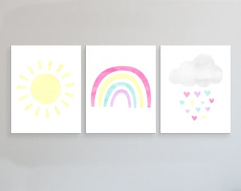 Rainbow PRINTABLE Wall Art, Girl's Nursery Prints, Watercolor Rainbow, Rainbow Nursery Decor, Set of 3, Printable Art, Cloud, Sun, Rainbow