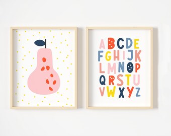 Birne Spielzimmer Druck, druckbare Kunst, Obst Kinderzimmer Dekor, ABC druckbare, Birne Sofort Download, bunte Alphabet Drucke