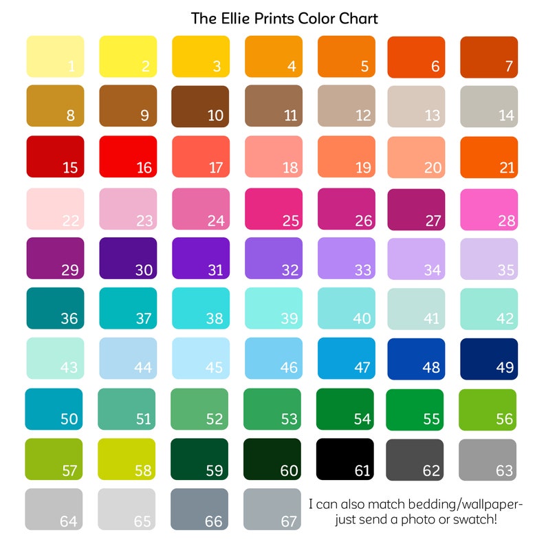 K&ouml;nnte beinhalten: Farbkarte mit 67 verschiedenen Farben, die mit den Zahlen 1 bis 67 beschriftet sind. Die Karte tr&auml;gt den Titel "The Ellie Prints Color Chart". Der Text "I can also match bedding/wallpaper- just send a photo or swatch!" befindet sich am unteren Rand der Karte.