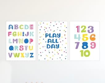 ABC and Numbers Prints, Play All Day Print, Rainbow Alphabet Print, Playroom Art, Playroom Prints, Playroom Canvas, Playroom Printables