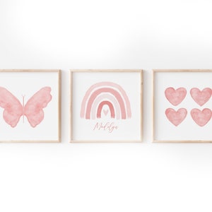 Blush Girl's Room Wall Art, Butterfly Rainbow Heart Prints, Butterfly Nursery Canvas, Blush Rainbow Nursery, Personalized Girl's Prints