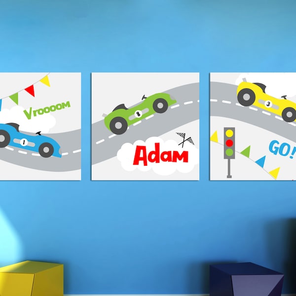 Race Car Nursery Art, Race Car Prints, Personalized Race Car Printables, Car Prints or Canvas, Race Car Birthday, Race Car Kid's Decor